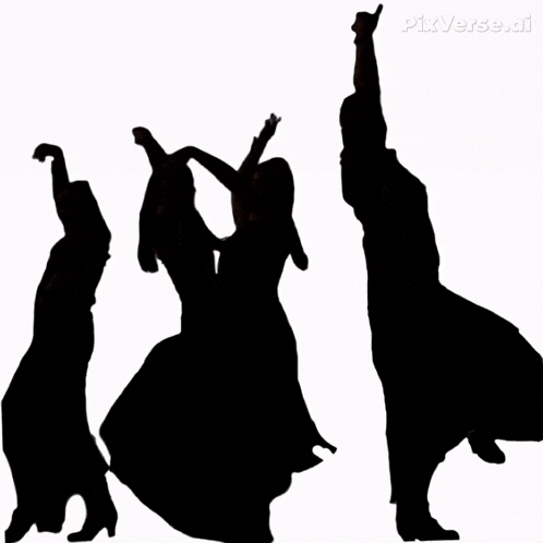 a silhouette of a group of people dancing with their arms in the air