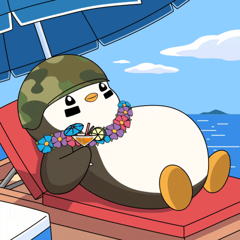 a cartoon of a penguin wearing a helmet laying on a beach chair holding a drink