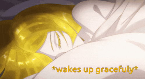 a cartoon of a woman sleeping with the words * wakes up gracefully * written above her
