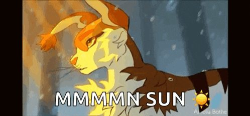 a drawing of a cat with the words `` mmmmm sun '' written on it .