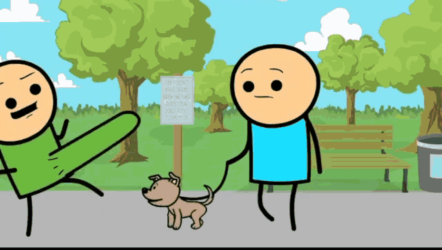a cartoon of a man holding a dog while another man sits on a bench
