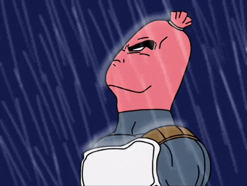 a cartoon character with a red head and a white chest stands in the rain