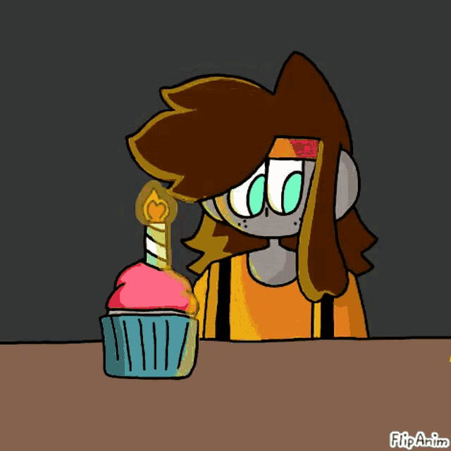 a cartoon character is sitting at a table next to a cupcake with a lit candle .
