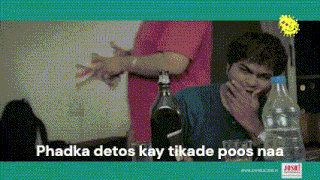 a man sitting at a table with a bottle of alcohol and the words phadka detos kay tikade poos naa on the bottom
