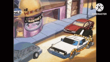 a cartoon scene of cars driving down a street in front of a building .