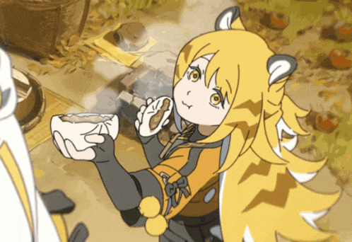 a cartoon of a girl with yellow hair holding a cup