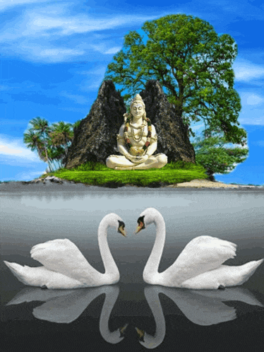 a statue of shiva sits on a small island in the middle of a body of water