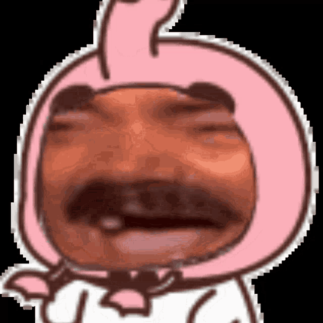 a cartoon of a man with a mustache wearing a pink bunny costume .