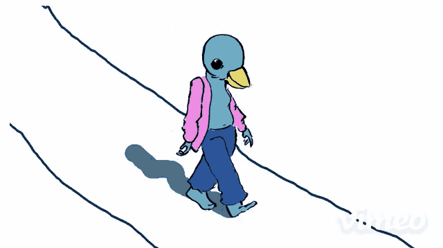 a cartoon of a person with a duck head walking down a path