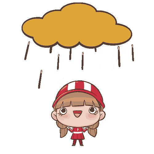 a cartoon girl is standing under a cloud with rain coming down from it