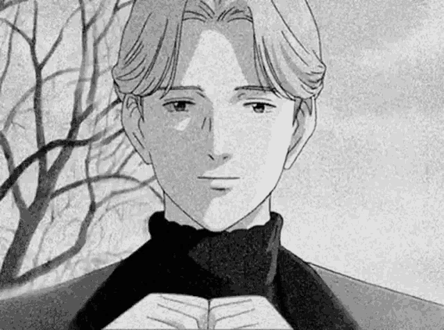 a black and white drawing of a man in a turtleneck sweater .