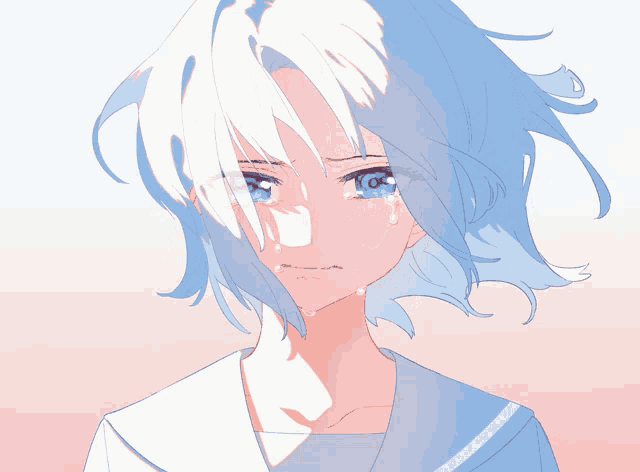 a girl with blue eyes and white hair is crying