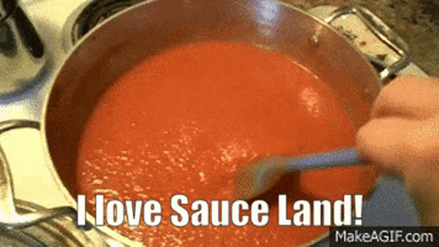 a pot of sauce with the words i love sauce land on it