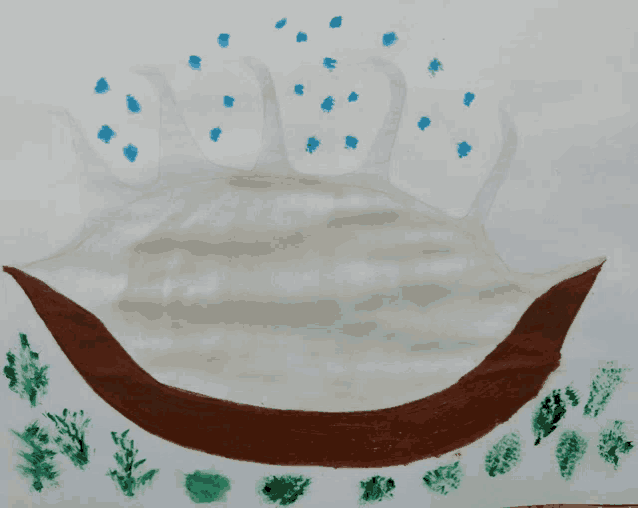 a child 's drawing of a seashell with green leaves