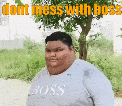 a very fat man wearing a shirt that says boss on it