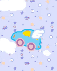 a blue car with wings is flying through the sky