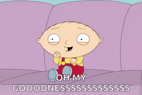 a cartoon character is sitting on a couch and saying `` oh my goodness ''