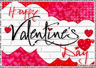 a valentine 's day greeting card with hearts and the words happy valentine 's day written on a brick wall