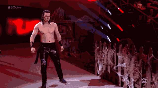 a shirtless wrestler is standing in front of a fence with # 205live written on the screen behind him