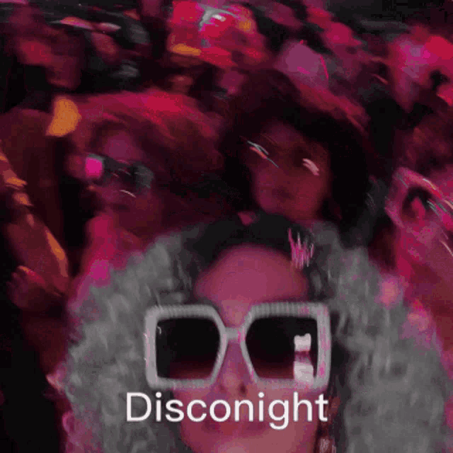 a woman wearing sunglasses stands in front of a crowd with disconight written below her