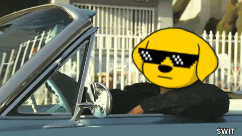a cartoon dog wearing sunglasses is sitting in a car with the word swit on the bottom