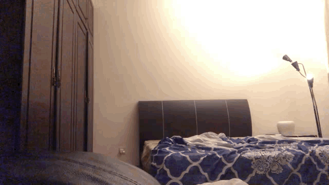 a bedroom with a bed a lamp and a closet