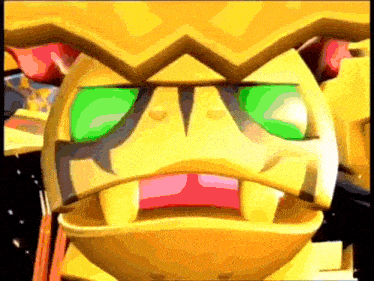 a close up of a cartoon character 's face with green eyes and sharp teeth .