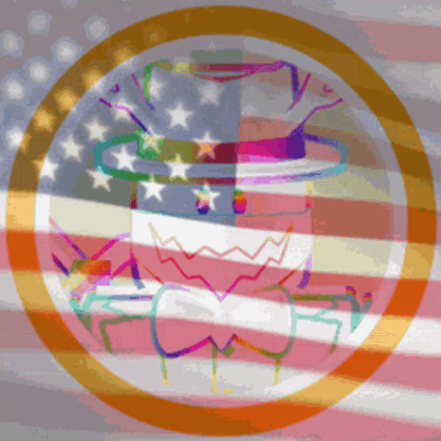 a colorful drawing of a hat and a bow tie in front of an american flag