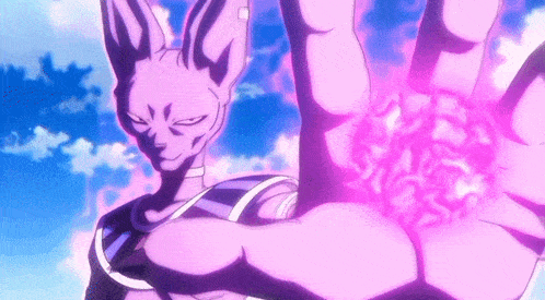 a purple cat from dragon ball z is holding a purple object in its hand .