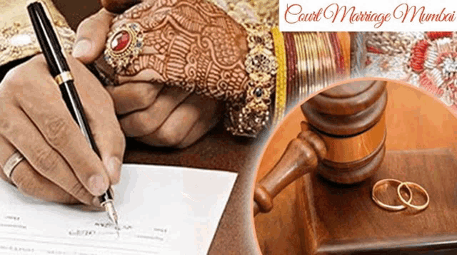 a woman signing a document next to a gavel with the words court marriage mumbai