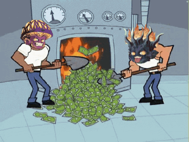 a cartoon of a man holding a shovel next to a pile of money