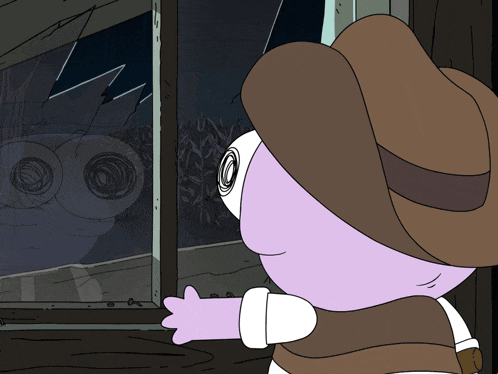 a cartoon character wearing a cowboy hat is looking out a window