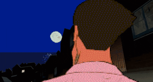 a pixel art of a man with a pink shirt and mustache
