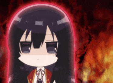 a little girl with long black hair is surrounded by red fire