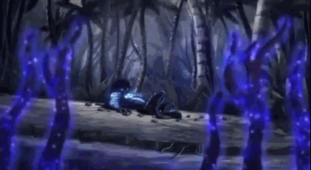 a person is laying on the ground in a dark forest surrounded by purple glowing plants .