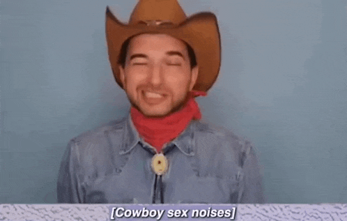 a man wearing a cowboy hat and a red bandana is talking about cowboy sex noises .