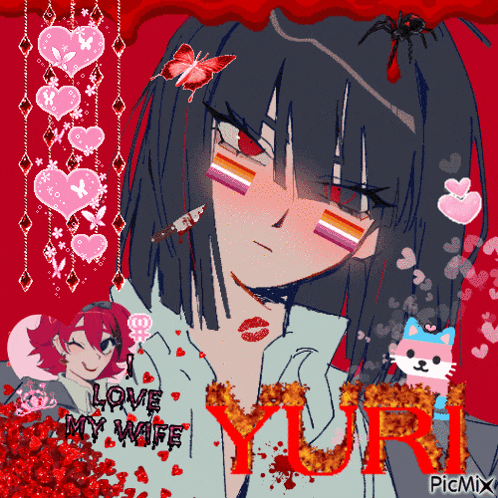 a drawing of a girl with a knife in her mouth and the words love my wife yuri on the bottom