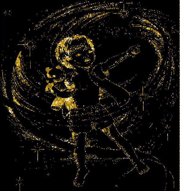 a drawing of a fairy with a black background and gold stars