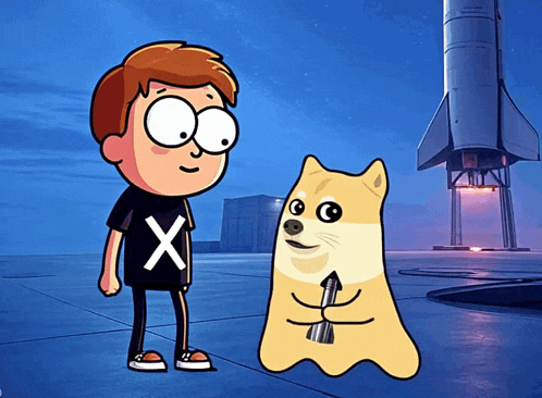 a boy in a black shirt with the letter x on it stands next to a doge