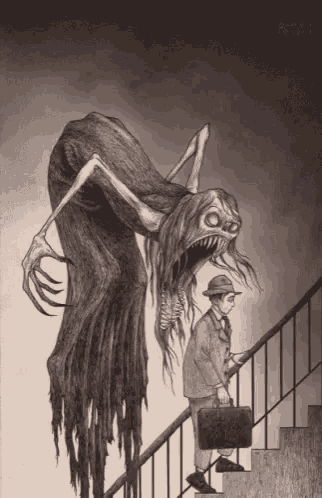 a black and white drawing of a man holding a briefcase standing on stairs with a monster behind him
