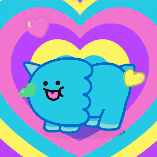 a cartoon drawing of a blue sheep with hearts around it