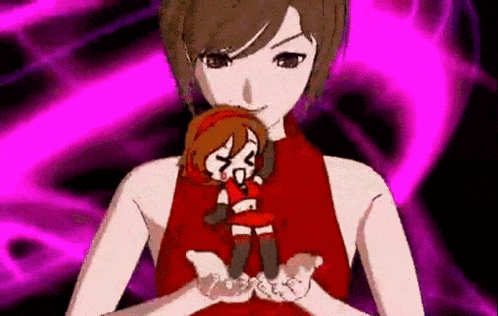 a cartoon girl is holding a doll in her hands .