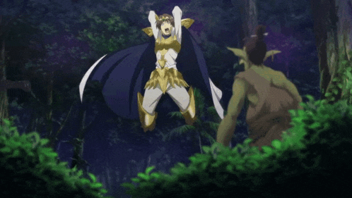 a man in a white cape is flying through the air in a forest