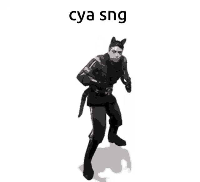 a man in a cat costume is walking with a cat tail behind him .