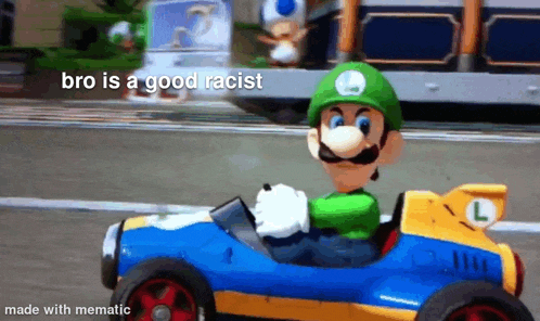 a cartoon character is driving a toy car on a street .