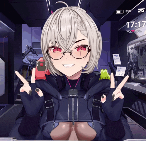 a girl with white hair and red eyes is giving a peace sign in front of a screen that says 17:53