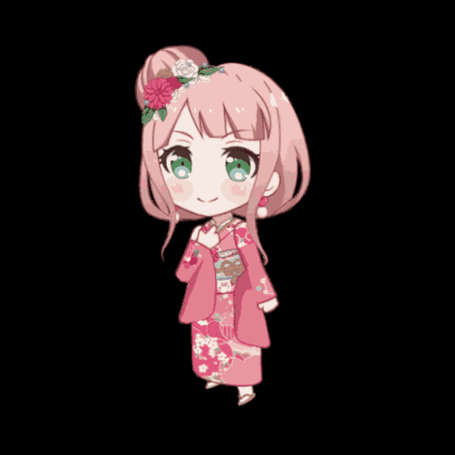 a girl with pink hair and green eyes is wearing a pink kimono with flowers in her hair