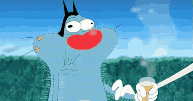 a cartoon character with a big red mouth is holding a glass