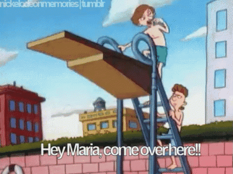 a cartoon of two boys on a diving board with the words hey maria come over here written below them