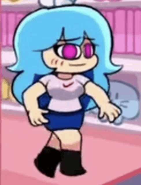 a cartoon girl with blue hair and glasses is standing in a room .